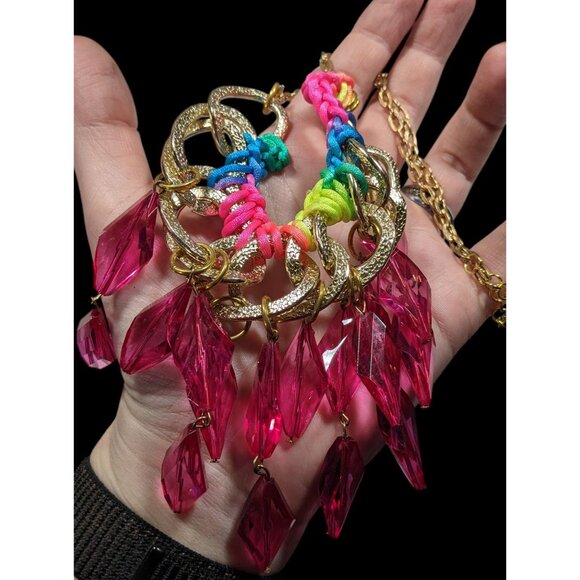 Neon Rainbow Glam Gem Fringe Statement Necklace - Picture 6 of 7